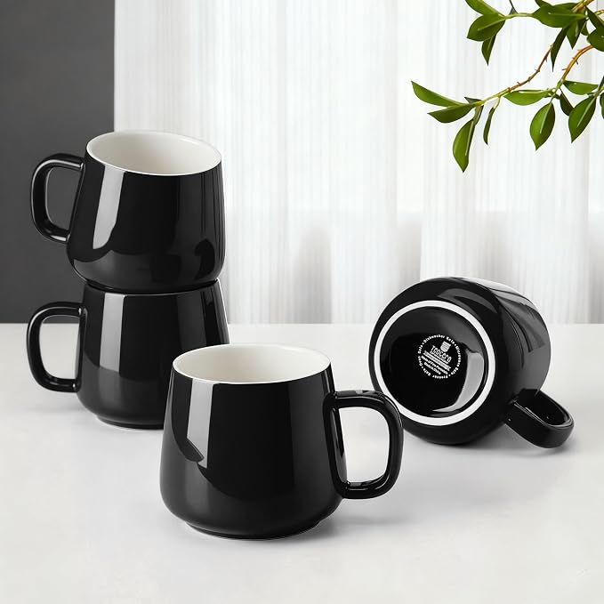 Teocera Ceramic Coffee Mug Set of 4-12 oz Coffee Mugs with Large Handles for Hot or Cold Drinks Like Latte, Cocoa, Tea or Juice - Smooth Ceramic, Dishwasher Safe，Black