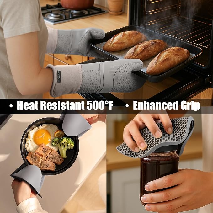 RORECAY Silicone Oven Mitts and Pot Holders Sets, Gloves for Kitchen, Gray | Set of 6 Kitchen Mitts for Baking & Cooking, Heat Resistant 500 ℉, 15" Extra Long, Non-Slip & Waterproof, Quilted Cotton