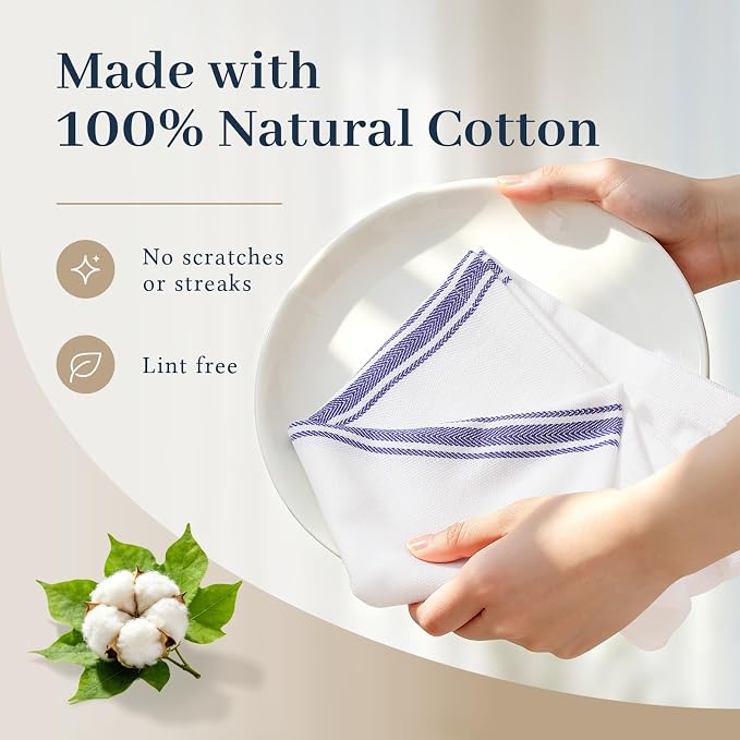 Homaxy 100% Ring Spun Cotton Kitchen Towels 8 Pack, Blue Stripe | 15 x 25 Inch, Highly Absorbent Dish Towels for Kitchen Drying, Reusable Cleaning Cloths, Soft Tea Towels with Hanging Loop