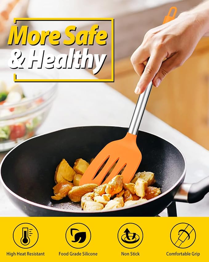 Pack of 2 Silicone Solid Turner, Non Stick Slotted Kitchen Spatulas, High Heat Resistant BPA Free Cooking Utensils, Ideal Cookware for Fish, Eggs, Pancakes (ORANGE)
