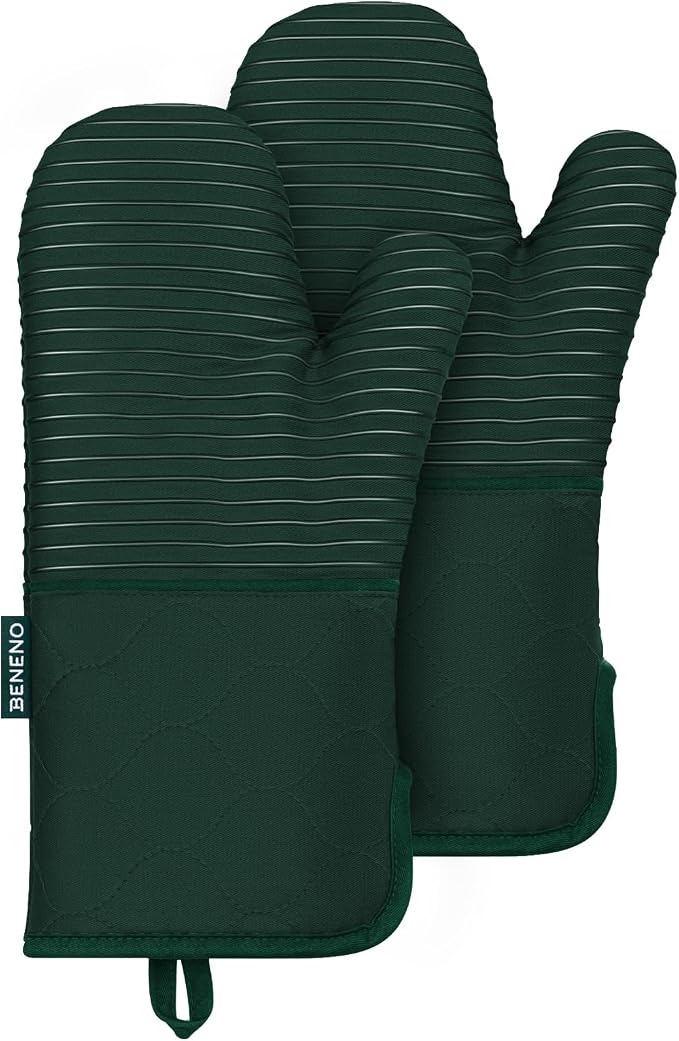 Beneno Heat Resistant 500°F Kitchen Oven Mitts 2-Pack, 7.5"x14.3", Green | Textured Non-Slip Silicone Grip, Extra Long Forearm Protection, Soft Quilted Cotton Terry Lining, Ideal for Baking & Grilling
