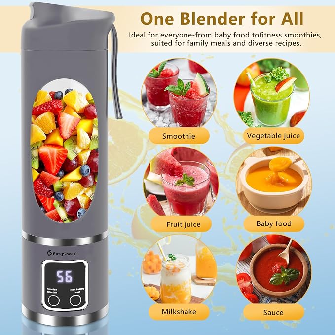 EASYSPEED Portable Blender Electric USB-C, 500ML Personal Juicer for Shakes, 12 Blades, 1500mAh Rechargeable, BPA Free, 18oz Small Blender with Leakproof Lid & Sip Spout, Mixing, Compact