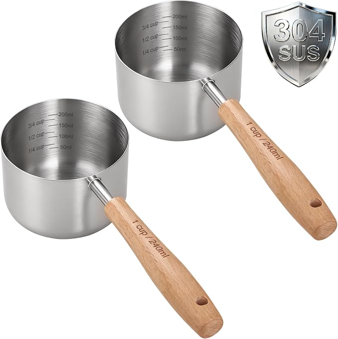 2PCS 1Cup(240ml) Dog Cat Food Scoop, Measuring Cup for Pets & Kitchen | 18/8(304) Stainless Steel, Long Wood Handle, Precise for Portion Control, Etched Scale, BPA Free, Dishwasher Safe