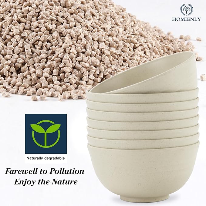 Unbreakable Cereal Bowls, Unbreakable Plastic Bowls Alternatives Set of 8, Wheat Straw Bowl for Kitchen,Camping, RV, Party, Microwave Safe Bowl Set for Cereal, Soup, Salad (Beige, 26 OZ)