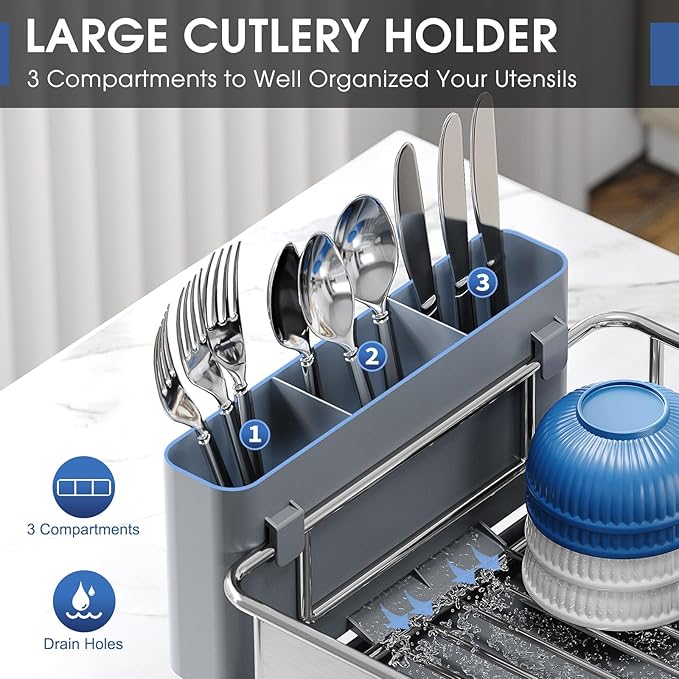 Urackify Stainless Steel Dish Drying Rack for Kitchen Counter, 16.9" x12.4" | Rustproof dish rack with utensil holder, 16.9" L x 12.4" W Large Capacity, Dish Drainer for Plates Dishes Sliverware, Grey
