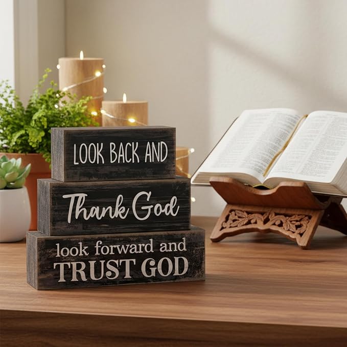 Lineshading 4 Pcs Christian Wooden Block Signs Farmhouse Centerpiece | Rustic Tiered Tray Decor with Bible Verse, Religious Home Signs for Tables, Faith-inspired Wood Blocks Gift