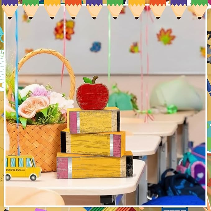 Lineshading 4 Pcs Back To School Table Decor Wooden Apple Block Signs | Back to School Teacher Decor, Pencil Apple Blocks for Classroom Tiered Tray, Rustic Farmhouse Tabletop Signs Gift