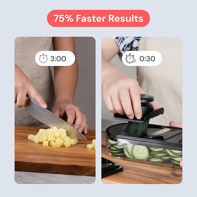 Fullstar Essential Mandoline Vegetable Slicer & Julienne Cutter | 4 in 1 Compact Fruit Cutter, Cucumber Slicer & Cheese Grater, with Stainless Steel Blades, Guard & 3-Cup Container (Black)