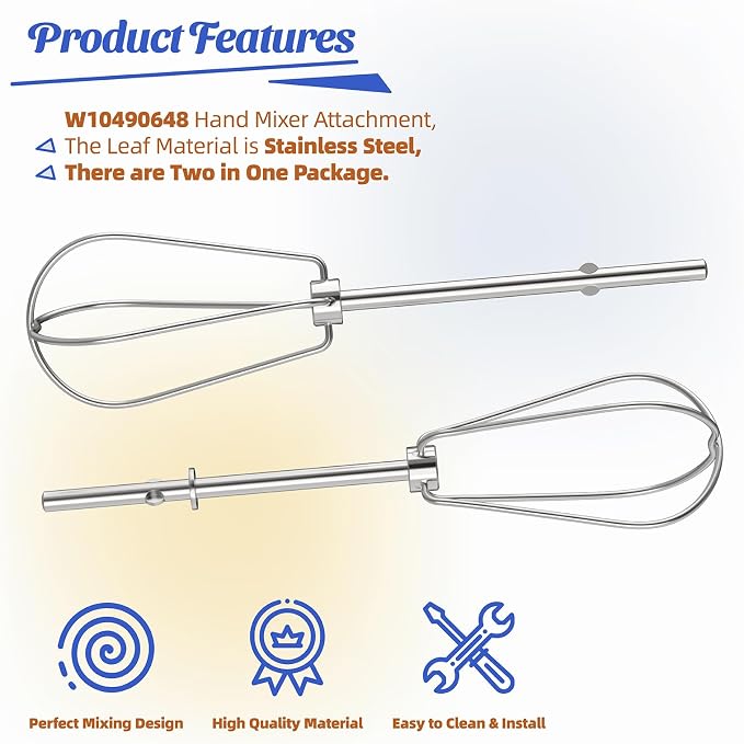Hand Mixer Beaters for KitchenAid, Fits W10490648 KHM2B, 2 Pack | Stainless steel turbo beaters, fits KitchenAid KHM2B KHM3 KHM5 KHM7 KHM9 series hand mixers, replaces W10240913 AP5644233