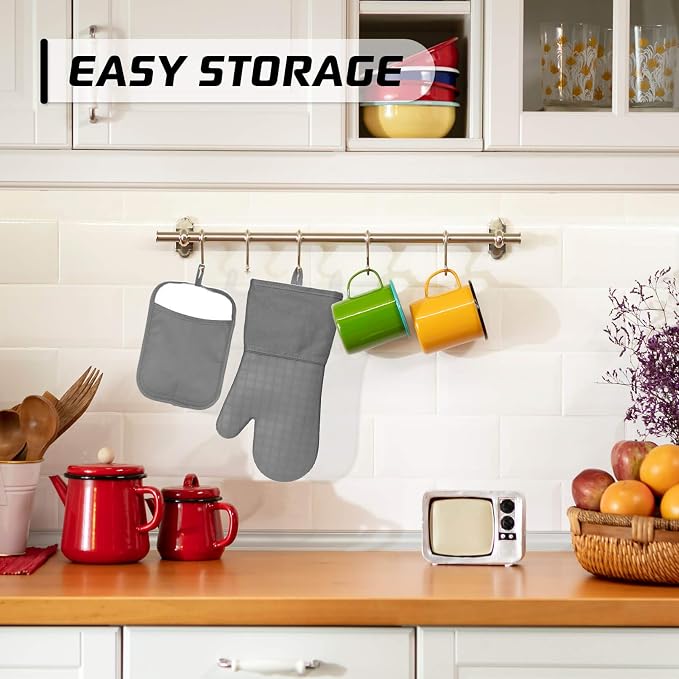 HOMWE Silicone Kitchen Pot Holders with Pockets, 2 Pc Set Trivet, Steam and Heat Resistant Hand and Countertop Protection Hot Pads, Non-Slip Grip potholders, Terrycloth Interior Lining, Gray
