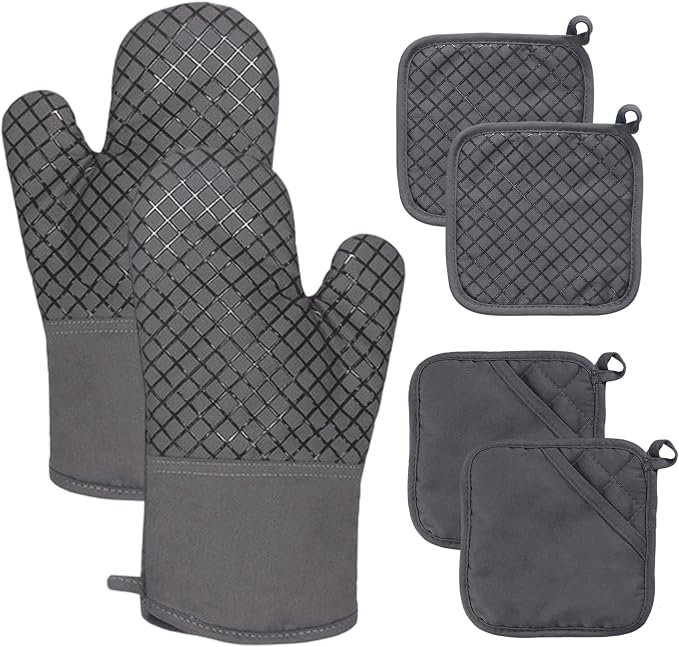 4 Pcs Oven Mitts and Pot Holders,500°F High Heat Resistant Kitchen Oven Mitts with Pot Holders,Long Oven Mitts with Recycled Cotton Infill and Silicone Non-Slip Surface for Baking and Cooking(Grey)