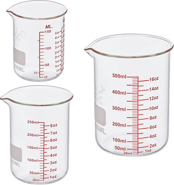 3 Piece High Borosilicate Glasss Liquid Measuring Cups, Includes 150ml(5OZ),250ml(8OZ),and 500ml(16OZ), Dishwasher, Freezer, Microwave, and Preheated Oven Safe, Essential Kitchen Tools