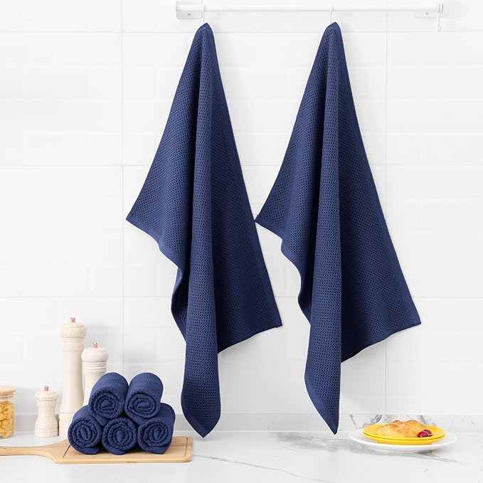 Kitinjoy 100% Cotton Waffle 4-Pack Kitchen Towels, 20" x 28", Navy Blue | Super Soft, Ultra-Absorbent, Fast Drying, lightweight, Quick Drying Kitchen Hand Towels