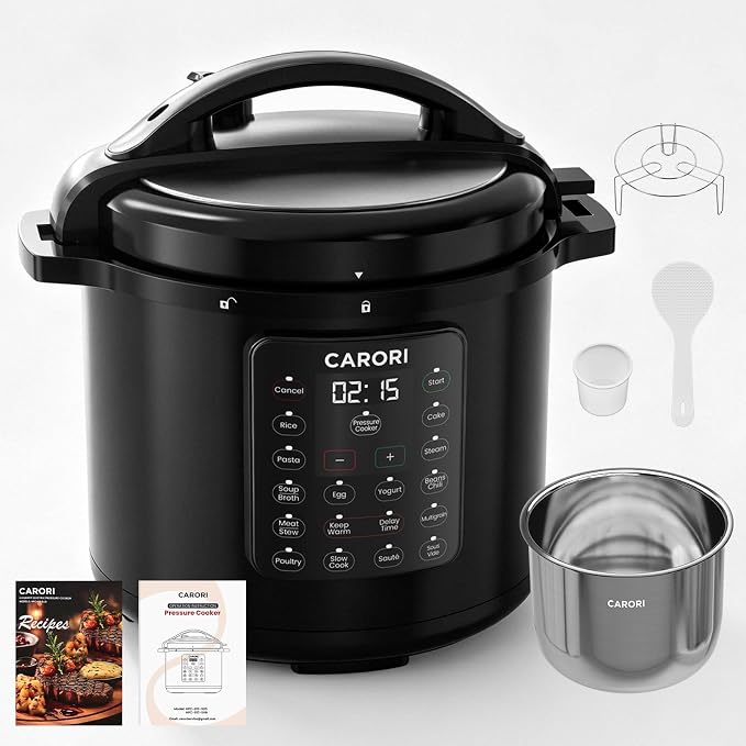8Qt Electric Pressure Cooker 12-in-1, 1200W Stainless Steel Multi-Cooker, Slow Cook, Rice Cook, Steamer, Sauté, Yogurt Maker, Warmer & Sterilizer, Safer Venting Design with Recipe Book, Black