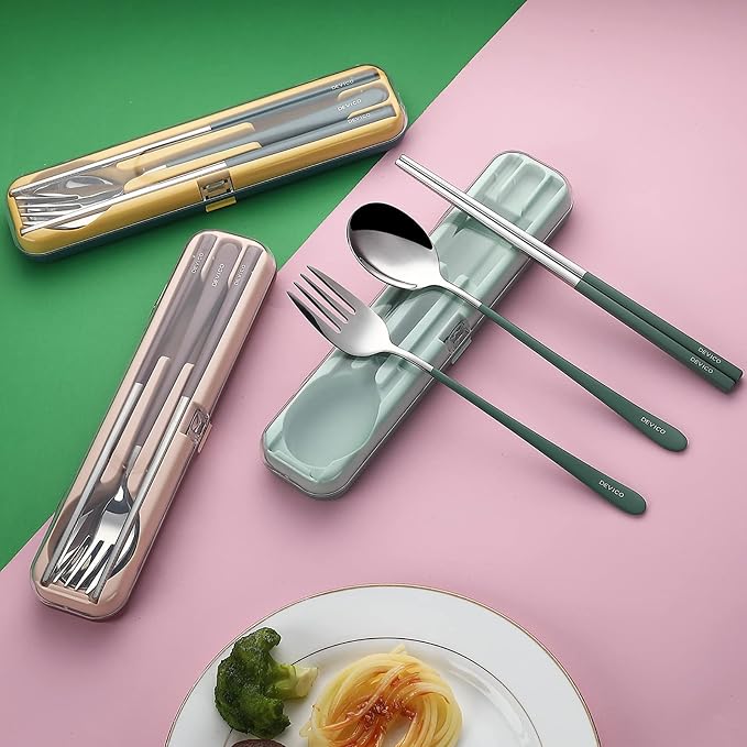 DEVICO Travel Utensils with Case, 18/8 Stainless Steel Silverware for Lunch | 4Pcs Portable Reusable Travel Cutlery Set, Korean Chopsticks Fork and Spoon Set for Camping/Picnic/Work/Gadgets/School, Green