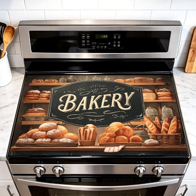 Rustic Bakery Stove Top Cover for Electric Stove, 28x20 In Mat | Heat-resistant non-slip mat holds hot cookware; glass cooktop protector, dish drying; farmhouse bread kitchen decor