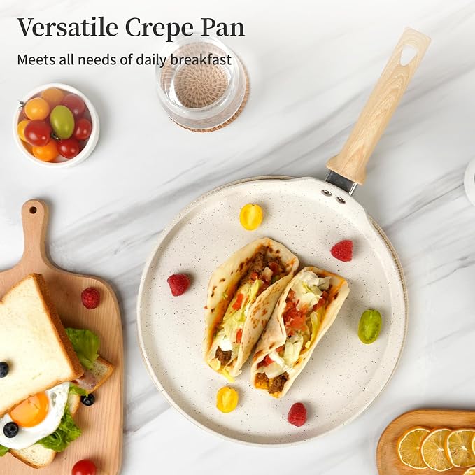 Innerwell 11 Inch Nonstick Crepe Pan,Granite Coated Pancake Pan-White | Granite nonstick coating, PFOA-free. Works on gas, electric, ceramic & induction. Easy-release & easy-clean.
