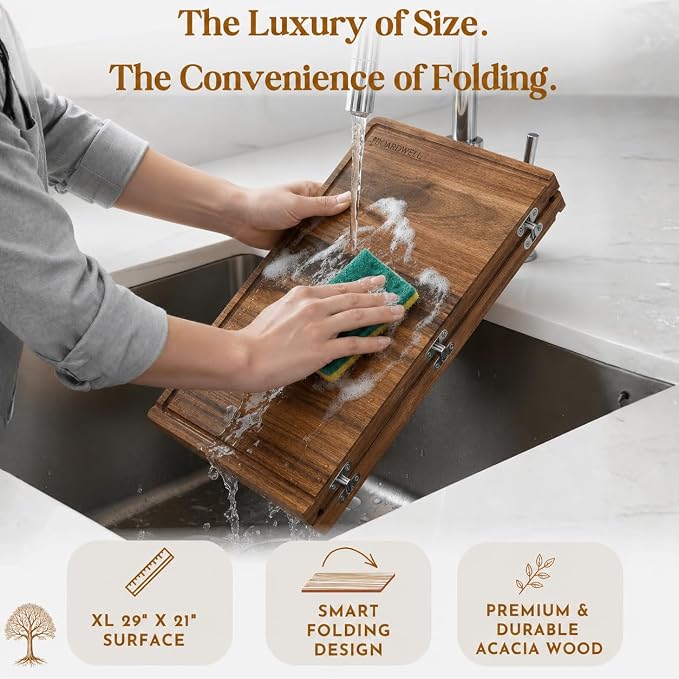 Extra Large Foldable Stovetop Cover Cutting Board – Double-Sided 29" x 21" Collapsible Noodle Board – XL Prep, Charcuterie & Sink Cover | Acacia Wood