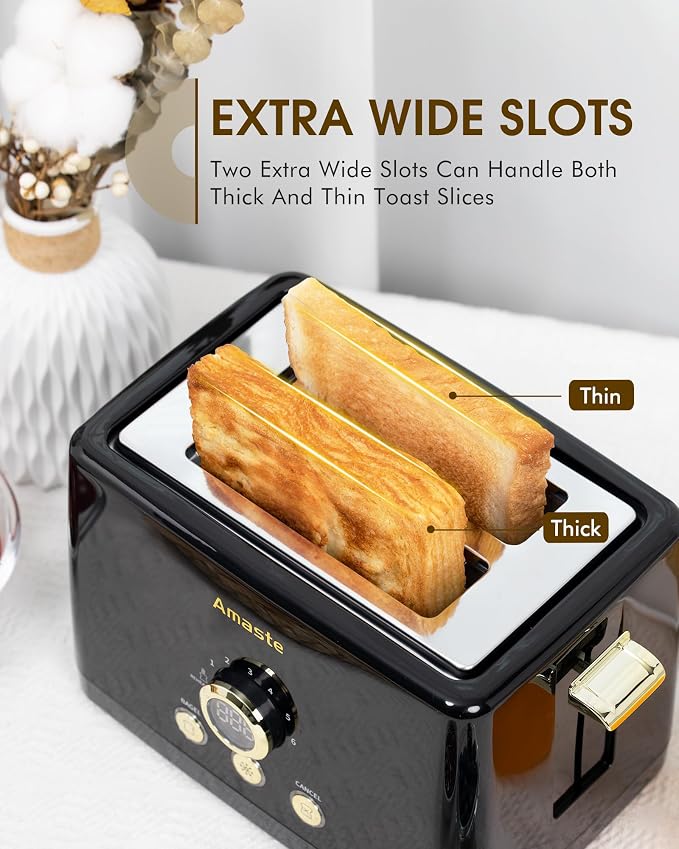 2 Slice Toaster, Retro Bread Toaster with LED Display, Extra Wide Slots Toasters with 6 Bread Shade Settings, Bagel, Cancel, Defrost Function, Stainless Steel with High Lift Lever, Removal Crumb Tray