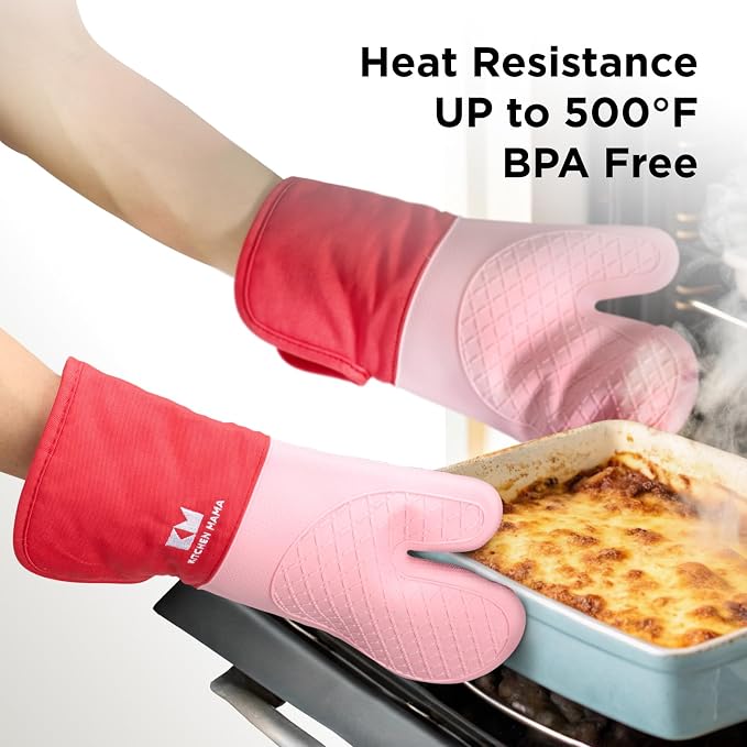 Kitchen Mama UltraShield Silicone Oven Mitts, Red | Heat Resistant, Non-Slip Surface, Waterproof, Flexible, Durable