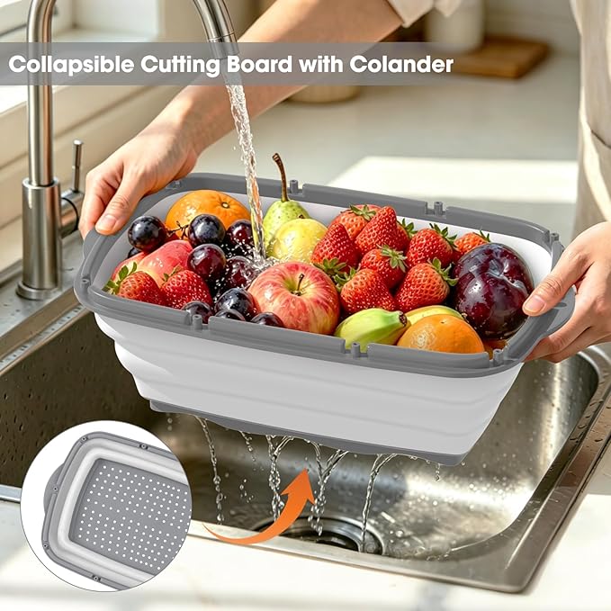 Gintan Camping Cutting Board, 9-in-1 Collapsible Chopping Board with Colander, Outdoor-Kitchen Vegetable Washing Basket for Campers, Camping Gifts Camping Accessories for RV Campers (Gray)