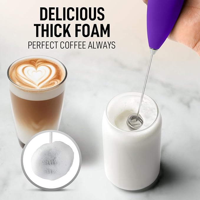 Zulay Kitchen Powerful Milk Frother Wand With Duracell Batteries - Ultra Fast Handheld Drink Mixer - Electric Whisk Foam Maker for Coffee, Lattes, Cappuccino & Matcha - Double Whisk - Purple