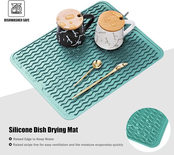 Silicone Dish Drying Mat, Non-Slip Easy Clean Sink Mat, Green, 18" x 16" | Quick-Dry Ridges, Large Heat-resistant Dish Drainer Mat for Kitchen Counter, Hangable & Roll-Up for Storage, Dishwasher Safe