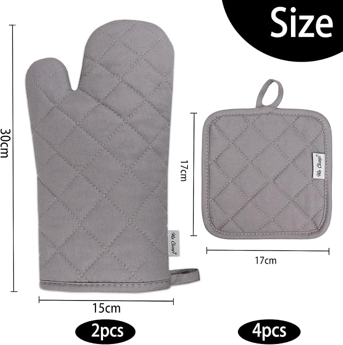 Oven Mitts and Pot Holders Sets,6 Pcs Oven Mitts and Potholders with Recycled Cotton High Heat Resistant Extra Thick Long Oven Mitts for Cooking(Gray)