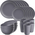 Quatish 24 Piece Plates and Bowls Sets for 6, Unbreakable Dinnerware Sets, Plastic Dish Set for Camping, Dishwasher Microwave Safe, Outdoor Kitchen and Apartment Dorm Dinning RV Essentials, Grey