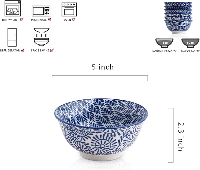 Selamica Porcelain 11oz Ice Cream Bowls Set of 6, Small Bowls, Vintage Blue | Ceramic bowls for Dessert, Ice Cream