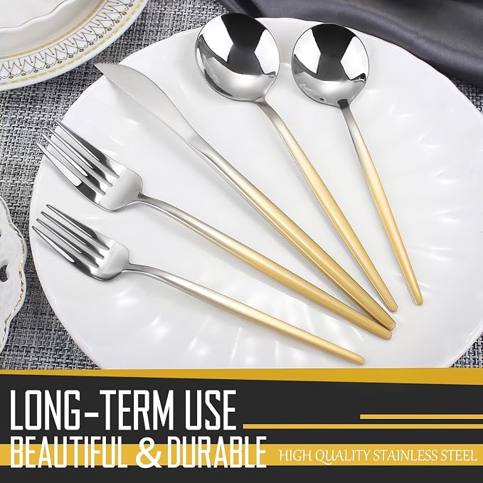 VANVRO Gradient Gold Silverware Set, 20-Piece Stainless Steel Cutlery Set, Kitchen Flatware,Utensil Set Service for 4, Include Knife/Fork/Spoon, Mirror Polished