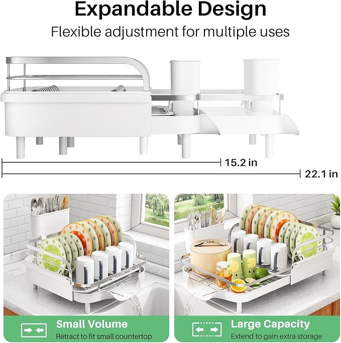SAYZH Expandable Dish Drying Rack for Small Kitchen Counter, White | Stainless Steel, Protective Guardrail, Angled Drainboard, Fits High-Rim Sinks, Removable Utensil Holder