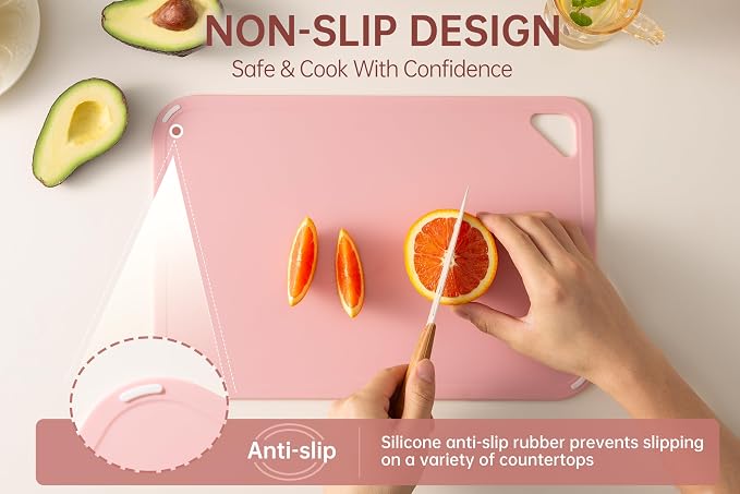 Plastic Cutting Board Set of 3, Pink Cutting Board for Kitchen | Non-Slip with Grip Handle, Chopping Board for Cooking, Bpa Free, Dishwasher Safe, Reversible, Cute Pink kitchen Accessories
