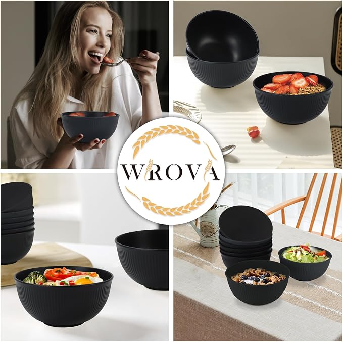 Wheat Straw Bowls Set of 8, Black Plastic Bowls Reusable 26 OZ | Microwave and Dishwasher Safe Bowls for Kitchen, Non Toxic Unbreakable Bowls for Cereal, Oatmeal, Snack, Dinner and Soup