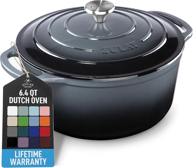 Zulay Kitchen 6.4QT Enameled Cast Iron Dutch Oven Pot with Lid, Heavy-Duty Soup Pot for Stews, Braising, Roasting & Sourdough Bread Baking, Oven Safe up to 500°F – Gray