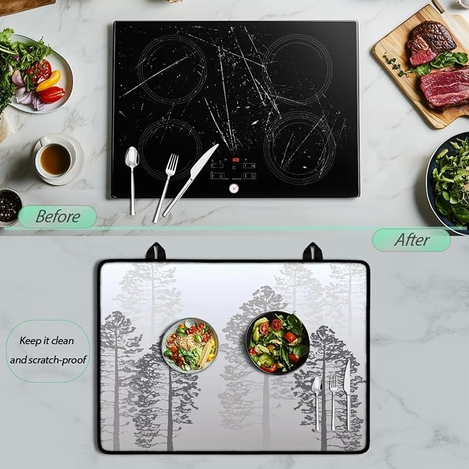 Grey Tree Forest Stove Top Covers for Electric Stove, Nature Pine Trees Pattern Glass Stovetop Cover with Lanyard Forest Gray Beige Countertop Protector Mat for Kitchen 28 x 20 Inch