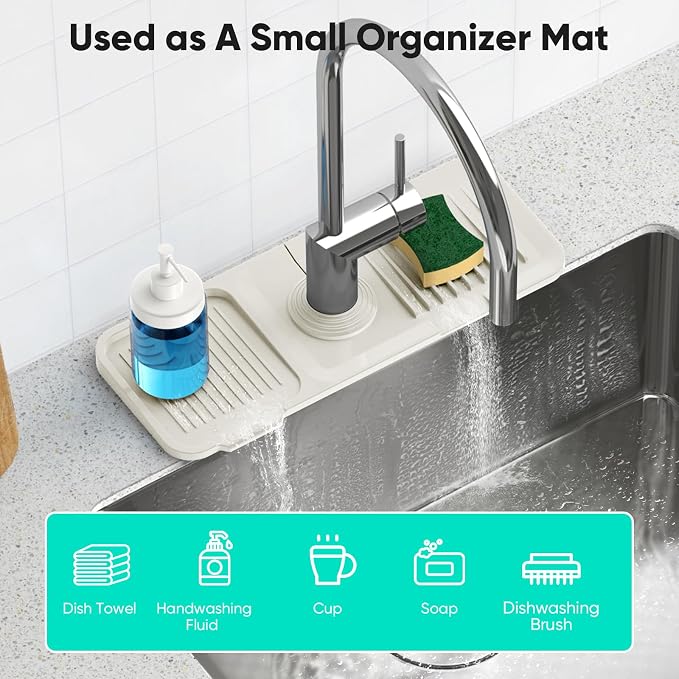 14.6 inch Faucet Mat for Kitchen Sink [5°Slope Fast Self-draining] Faucet Mat Kitchen Sink Splash Guard Silicone Sink Splash Guard Kitchen Sink Area Tidy Splash Faucet Guard Draining Mat-Beige