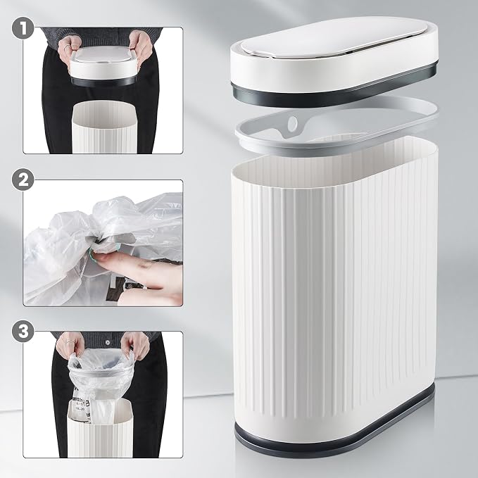 ELPHECO Slim Bathroom Trash Can with Lid, 2 Gallon White Black | Smart Garbage Can, Plastic Wastebasket, Narrow Garbage Bin, Waterproof Bathroom Decor for Bedroom
