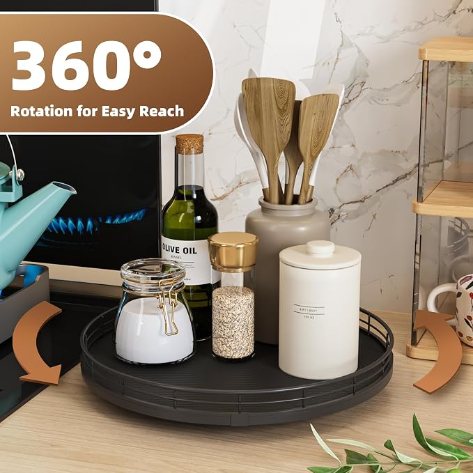 12" Lazy Susan Turntable Organizer for Table Top, Round Wooden Lazy Susan for Cabinet Kitchen Decor Centerpieces Coffee Table, Storage Condiments Spices, Bathroom Vanity Tray for Soap, Black