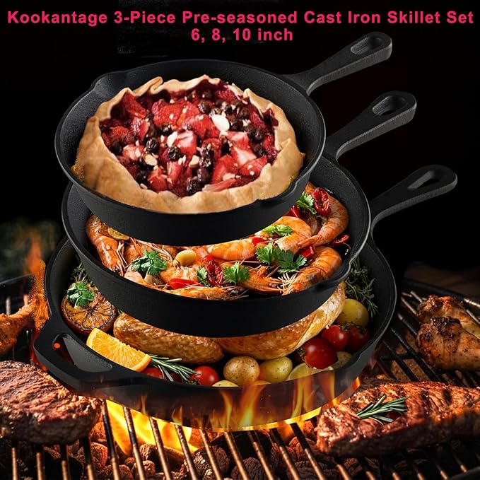 Cast Iron Skillet 3-Piece Set, Antirust Treated, Pre-Seasoned 6", 8", 10" Pans with Silicone Hot Handle Holder For Frying, Saute, Cooking, Oven, Grill