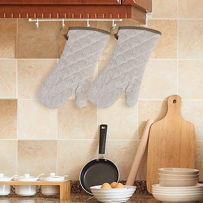 Yarn Dyed Oven Mitts 1 Pair, 100% Cotton Heat Resistant 470 Degree | Oven Gloves for Men Women Cooking Baking Barbecue BBQ Microwave Crafting Machine Washable Pot Holders Mittens (Khaki 2)