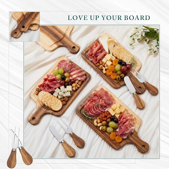 8 Sets Bridal Shower Favor Prizes Charcuterie Board,Acacia Color | Acacia Wood Cheese Board with Knife Fork Thank You Tag, Gift Box for Guests, Valentines Wedding Baby Shower Party Favors