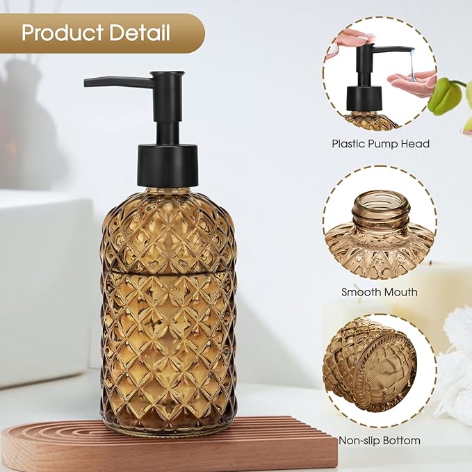 Topsky Gem Glass Soap Dispenser with Black Plastic Pump, 13oz Liquid Hand Soap Dispenser, Rustproof Pump for Kitchen & Bathroom, Great for Lotions, Essential Oil, Liquid Soaps-Amber