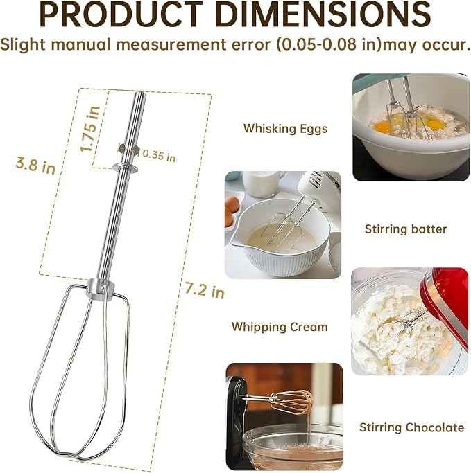 Hand Mixer Beaters Attachments for KitchenAid KHM Series | Paddle Stainless Steel Turbo Beater Replacement Parts Compatible with KHM512 KHM926 KHM7210 KHM6118 (Style B, 2 Pack)