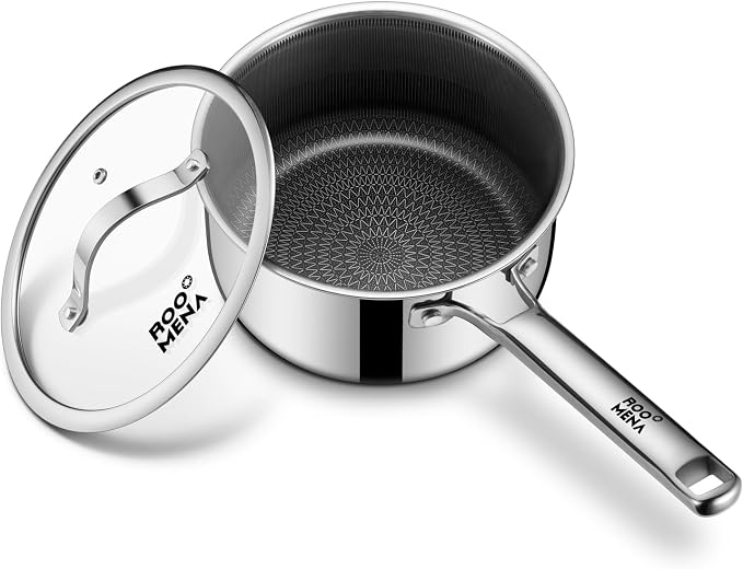 Nonstick Sauce Pan with Lid, Non-Toxic Tri-Ply Hybrid Ceramic Saucepan, 2.5 Quart Stainless Steel Pans, PFAS/PFOA/PTFE Free, Dishwasher & Oven Safe, Induction Compatible