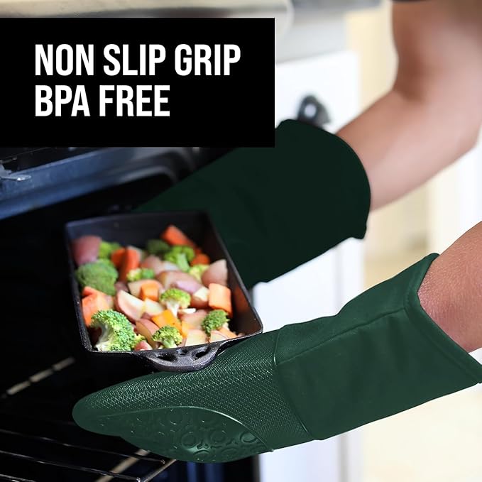 BPA-Free Silicone Oven Mitts Ultra Heat Resistant up to 500°F - Oven Mitts with Thick Cotton Liner - Long Slip Resistant Pot Holders, Flexible Oven Gloves - Green 13.7"
