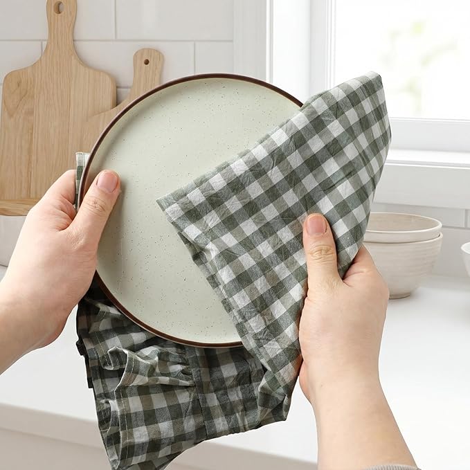 HunnmingRe 2 Pcs Sage Green Gingham Kitchen Towels Cotton Ruffled | Checked Dish Towels 18"x28" Tea Cloths Plaid Cottage Core Kitchen Decor for Farmhouse Charm Drying Dishes Entertaining Guests
