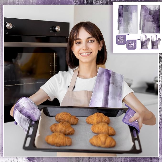 Bencailor 6 Pcs Lavender Purple Kitchen Accessories Purple Kitchen Towels Pot Holders and Oven Mitts Farmhouse Cooking Mittens Oven Glove and Potholder for Baking Cooking Grilling Supply Accessories