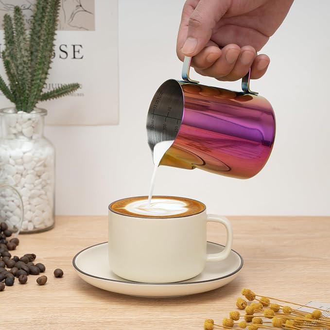 Amrules Milk Frothing Pitcher 12oz Frother Cup Barista Tools, Multipurple | 18/8 Stainless Steel, 12oz Capacity with Clear Scale, with Decorating Pen, Ergonomic Handle, for Cappuccino, Latte & Espresso