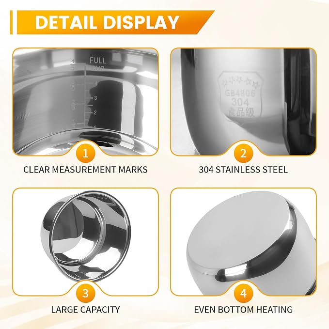 Replacement Rice Cooker 6-Cup Inner Pot Only Compatible with CUCKOO CR-0675FW – 304 Stainless Steel Inner Bowl with Multi-Ply Base, Durable Pots for Multi-Cookers, Easy to Clean and Dishwasher Safe